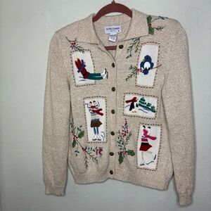 Alfred Dunner Beige Cardigan with Playful Winter Embroidery Size Petite Small